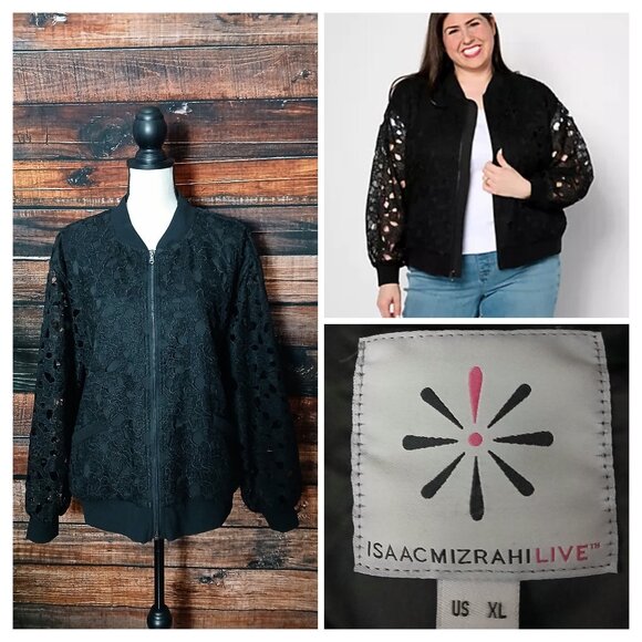 Isaac Mizrahi Live Bomber Jacket XL Black Lace Full Zip Sheer Sleeve - Picture 1 of 10